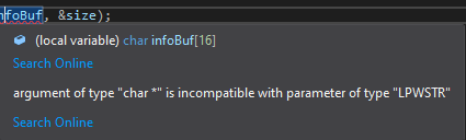 argument of type "char* is incompatible with parameter of type "LPWSTR"